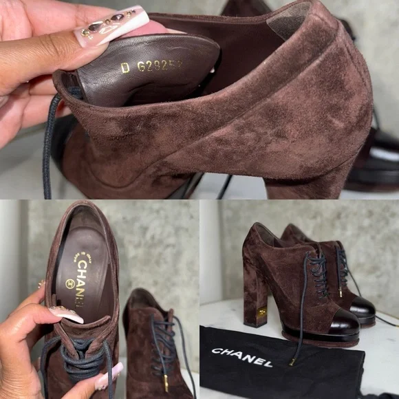 Chanel Brown Suede Leather Platform Lace Up Block Heeled Oxford Boot - Picture 17 of 17